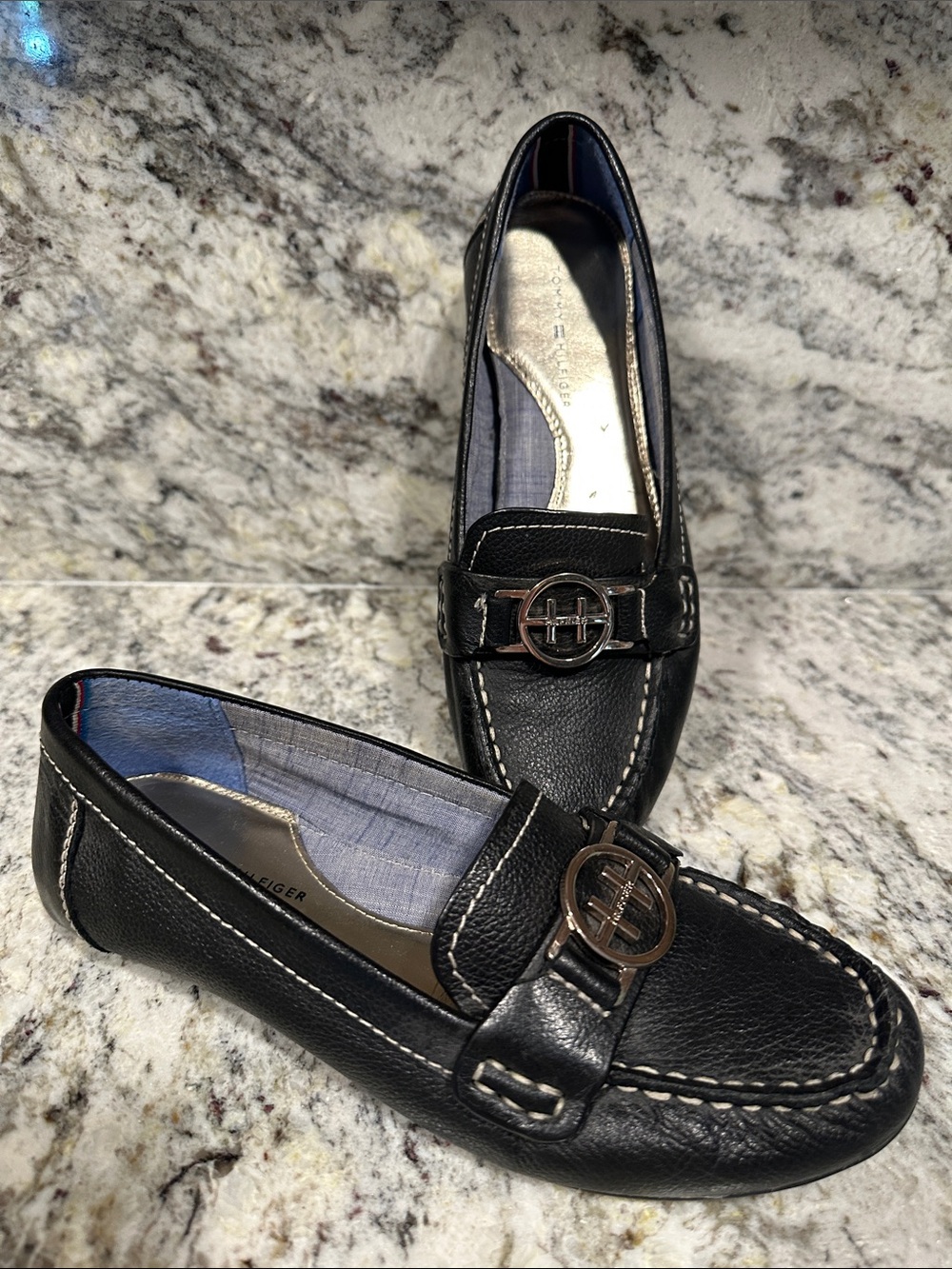 Tommy Hilfiger Black Leather Moccasin Loafers with Logo Accent